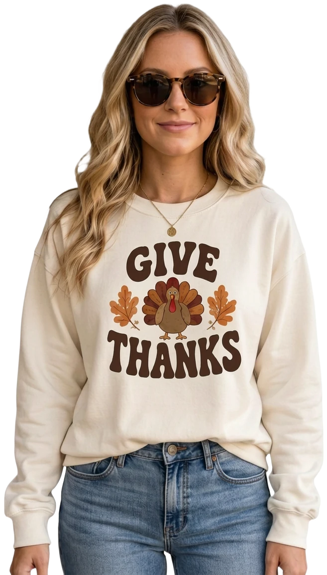 Woman in sunglasses wearing a Give Thanks sweatshirt, extending above an autumn photo frame — illustrative mockup